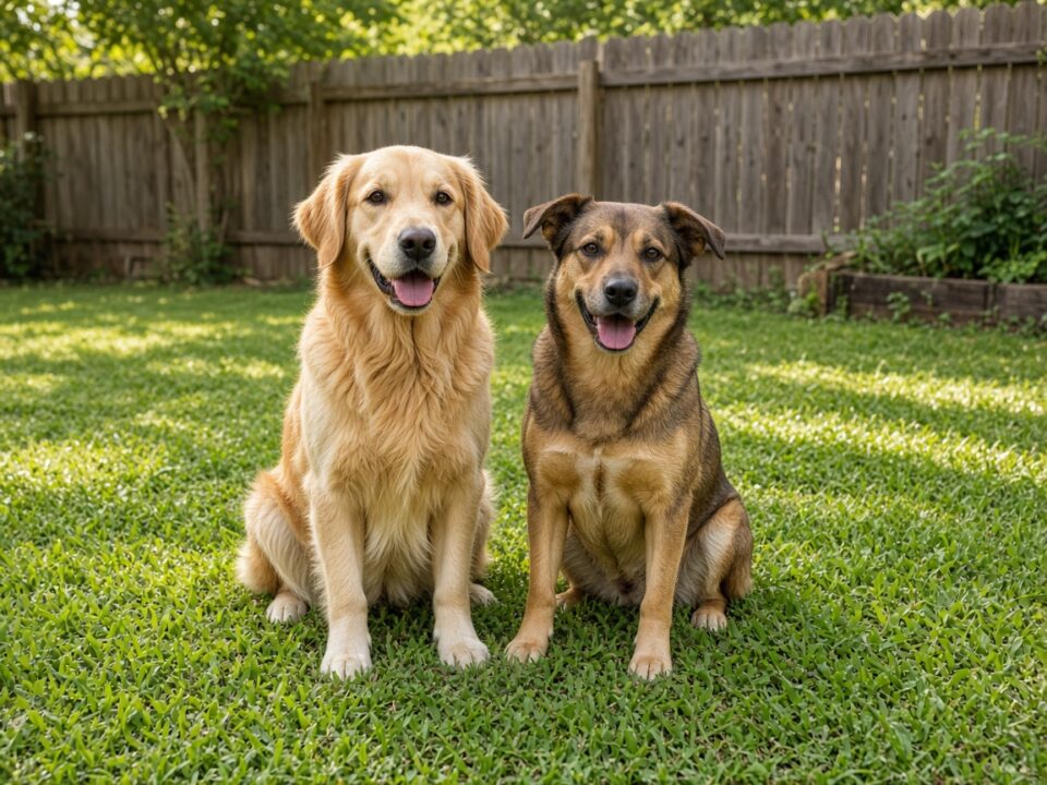 Two dogs sitting together on a clean backyard lawn