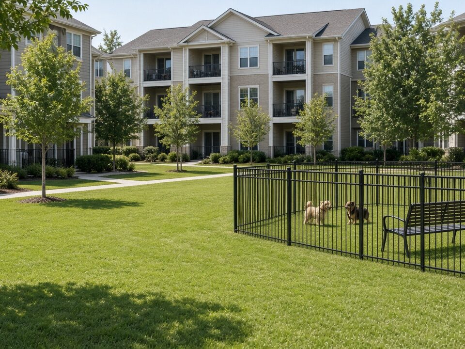 A well-kept shared lawn and fenced dog area at an apartment community