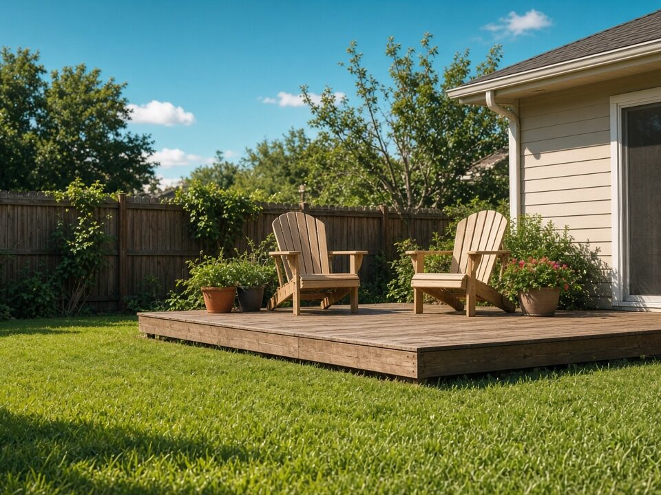 A sunny backyard patio with chairs facing a clean green lawn