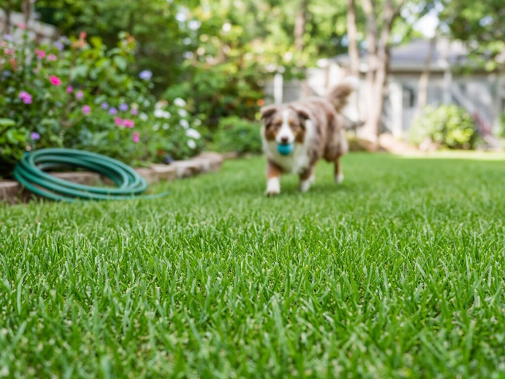 Close-up of healthy green grass with an Australian shepherd carrying a ball in the background