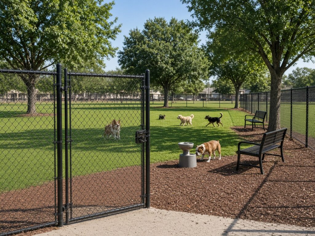 Clean fenced community dog park with a double gate, benches, a dog water fountain, and dogs playing on grass