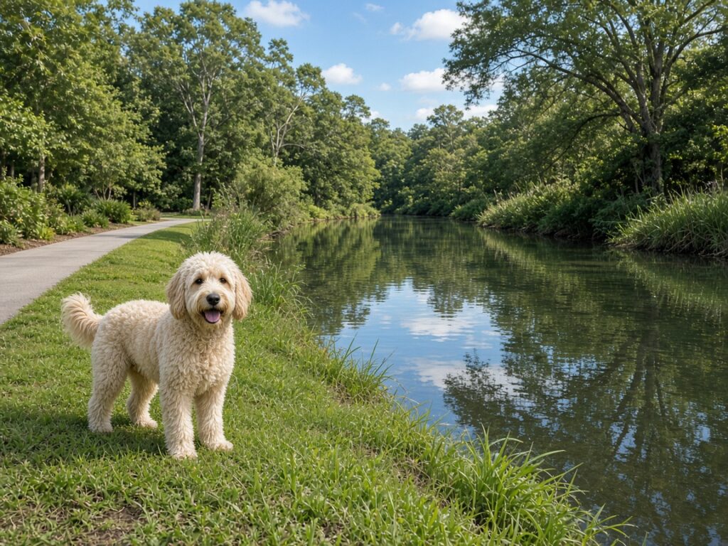 Cream-colored labradoodle standing on a grassy bank beside a calm tree-lined creek and walking trail