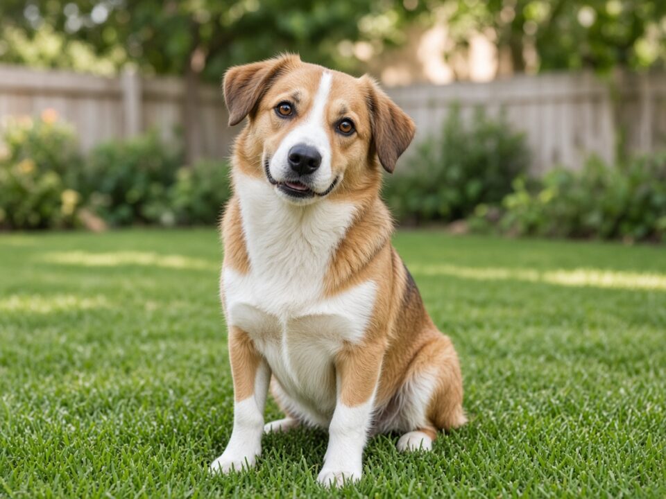 A friendly dog tilting its head while sitting on green grass