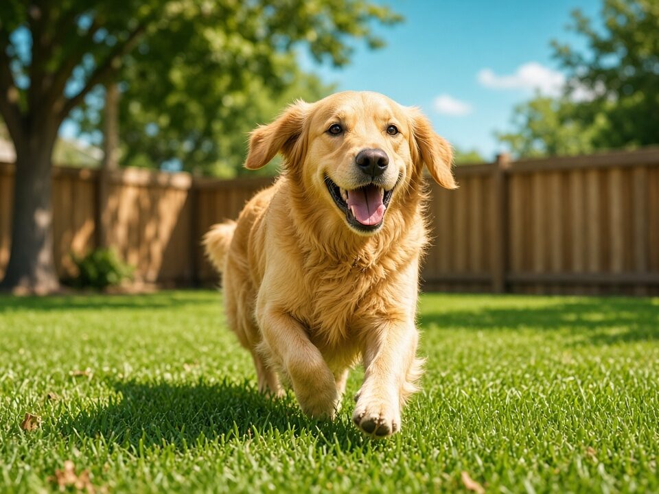 A golden retriever playing on a clean suburban backyard lawn