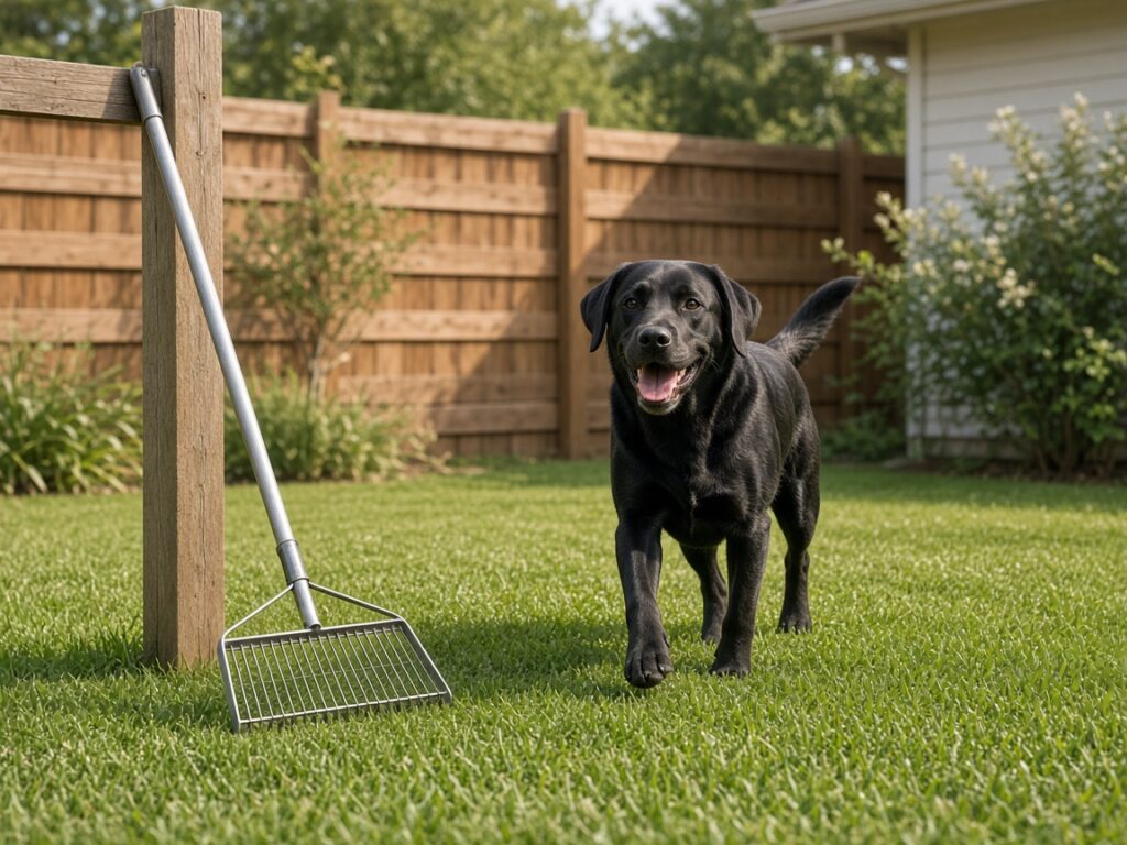 Black Labrador trotting across a freshly mowed backyard lawn with a pooper-scooper rake leaning on a fence post
