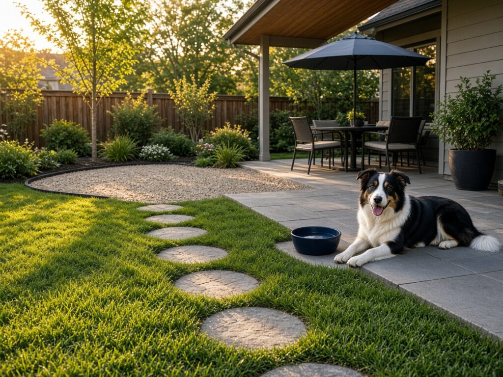 Border collie lying on a shaded patio beside a water bowl, a stepping-stone path, and a gravel dog area