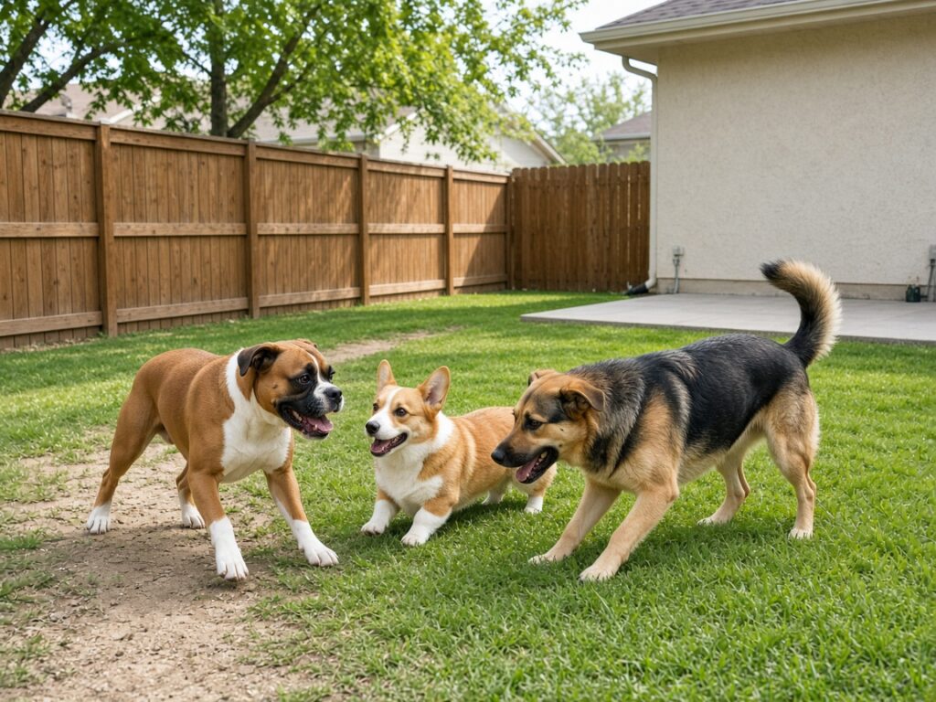 A boxer, a corgi, and a shepherd mix playing together on a clean backyard lawn