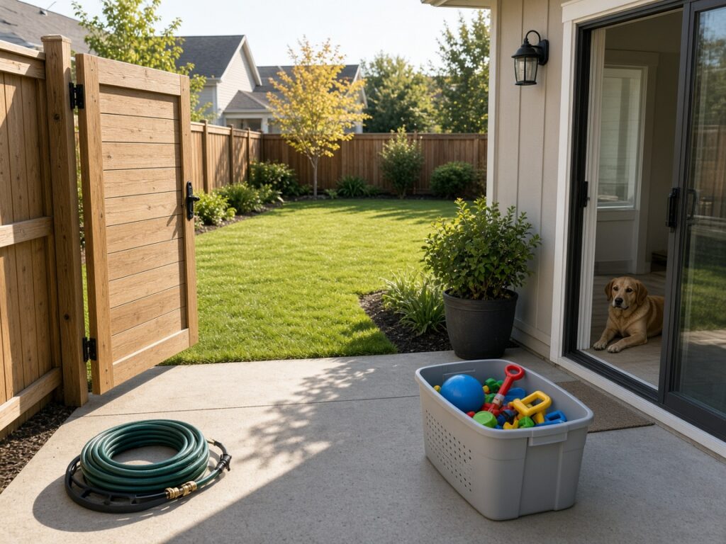 Open side gate onto a tidy backyard with a coiled hose, a bin of toys, and a dog watching from indoors