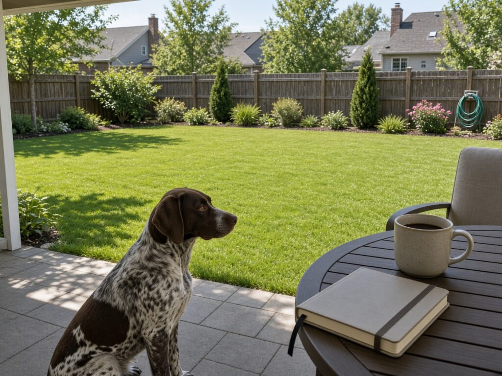 German shorthaired pointer on a patio looking over a clean lawn beside a table with a planner and coffee mug
