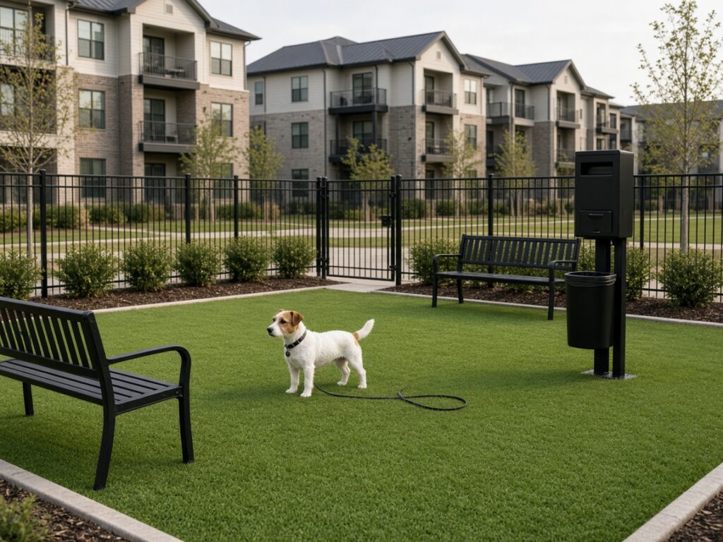 Fenced apartment-community pet area with turf, benches, and a pet waste station, with a small terrier standing on the turf