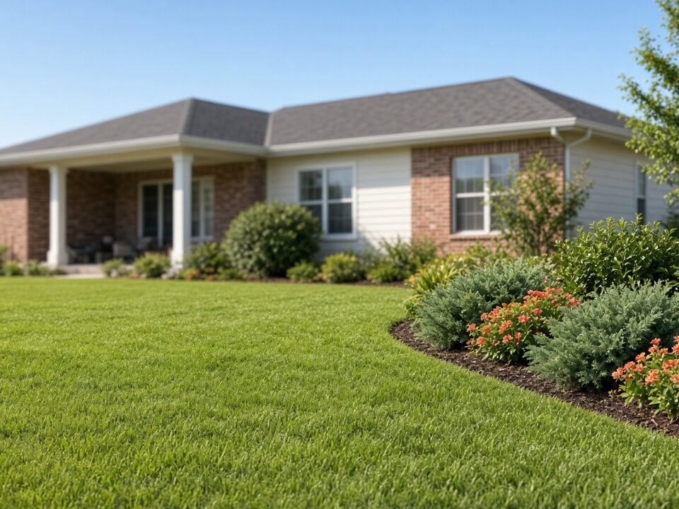 A neatly mowed suburban front lawn in front of a brick home