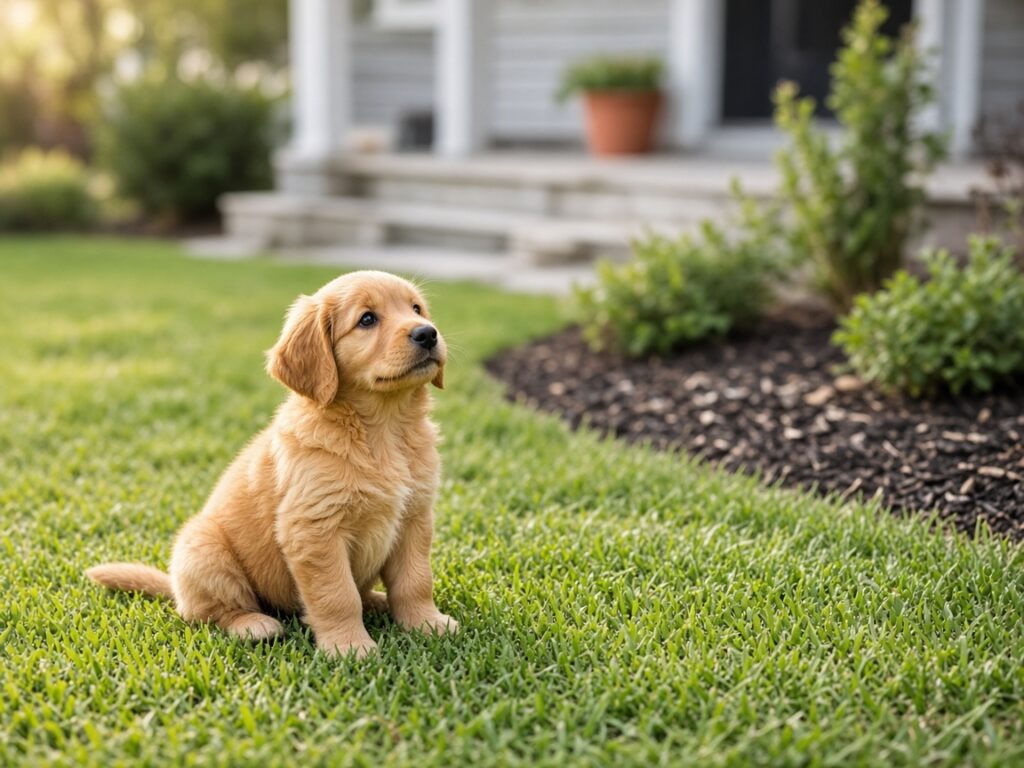 Fluffy golden puppy sitting on green grass beside a mulched garden bed