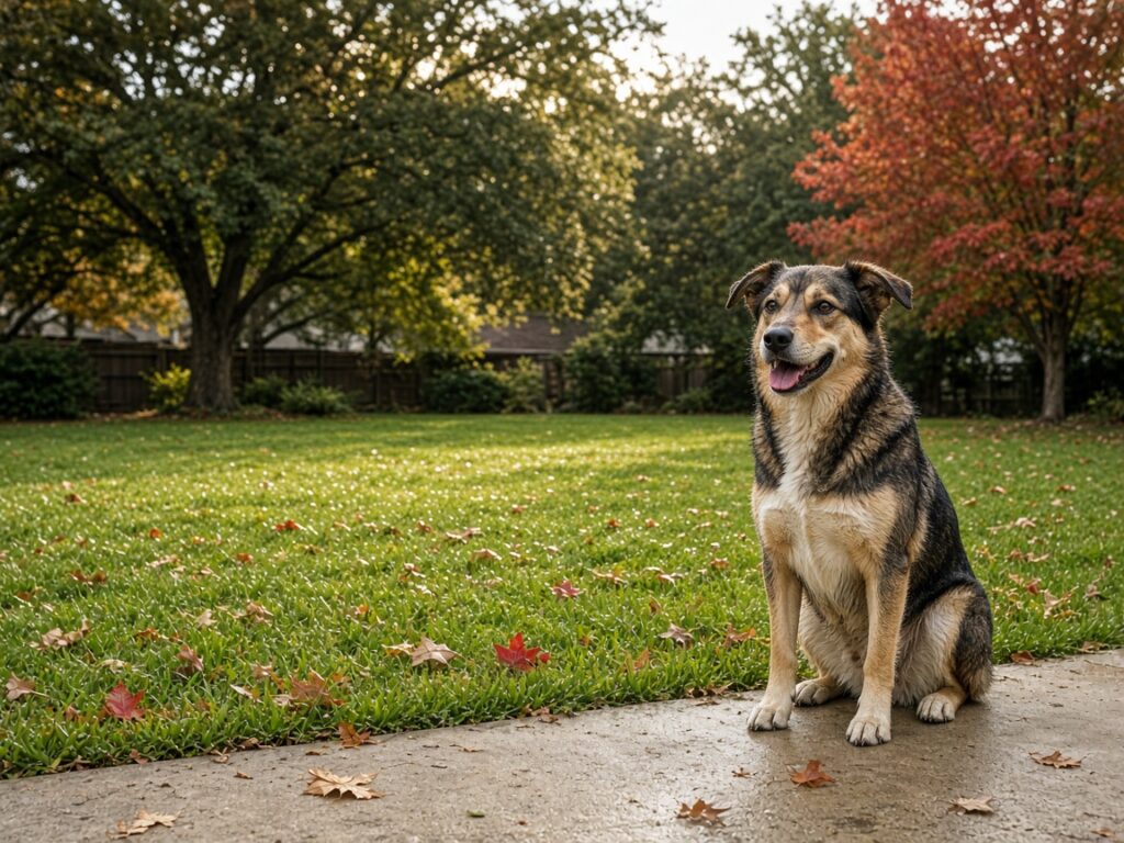 Mixed-breed dog sitting on a damp patio beside a green lawn scattered with fall leaves