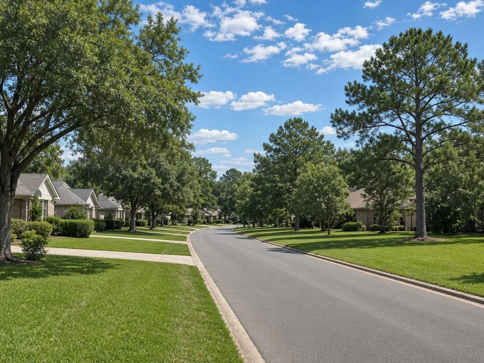 A sunny suburban neighborhood street lined with green lawns and trees