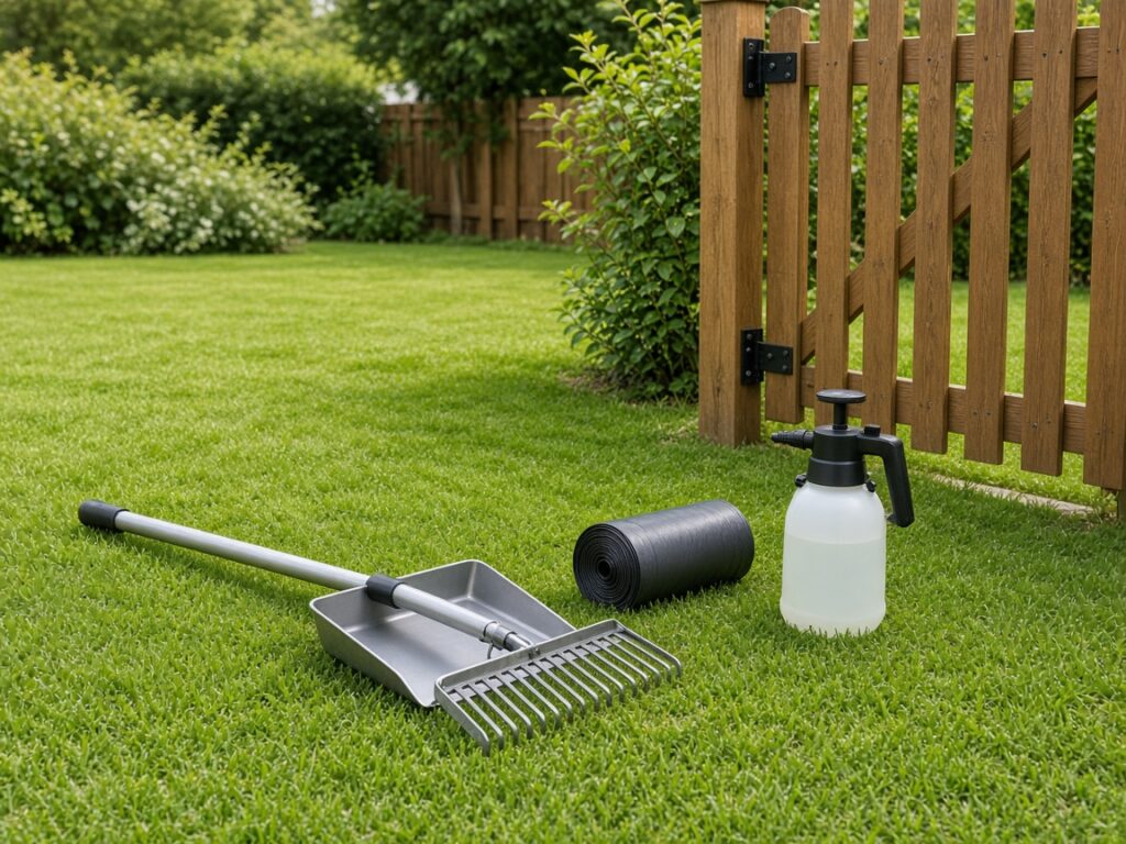 Pooper-scooper rake and pan, a roll of bags, and a pump sprayer on a clean lawn by a wooden gate