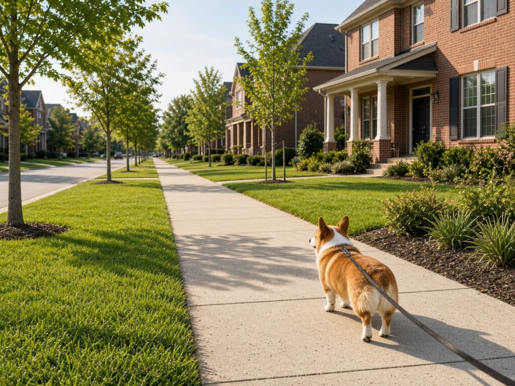 Corgi on a leash walking along a clean sidewalk past tidy lawns and brick homes