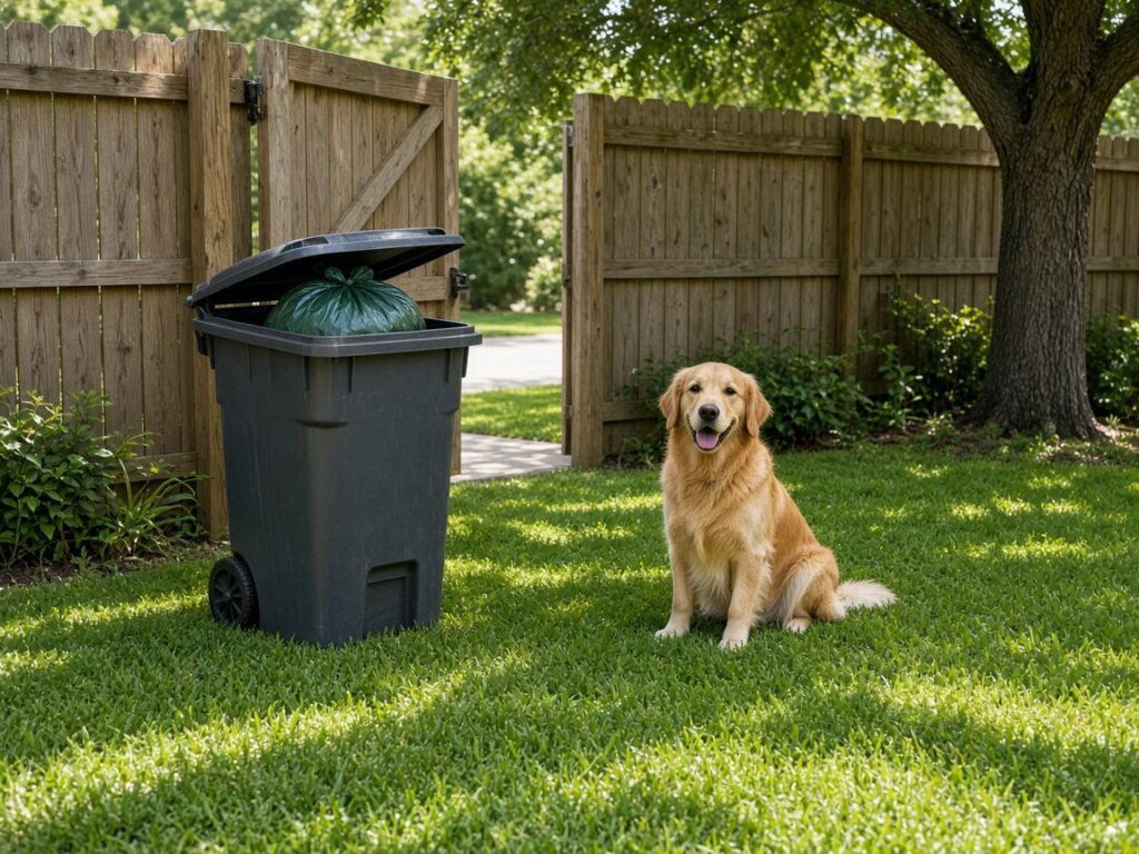 Golden retriever sitting on a clean backyard lawn next to a residential trash cart with a sealed bag inside