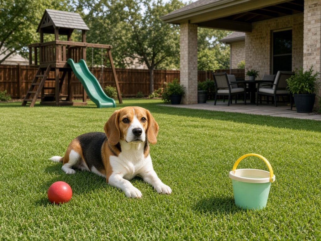 Beagle resting on a clean family backyard lawn near a play set, a red ball, and a toy bucket